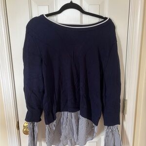 New York & Company Navy Blue Sweater with Striped Hem